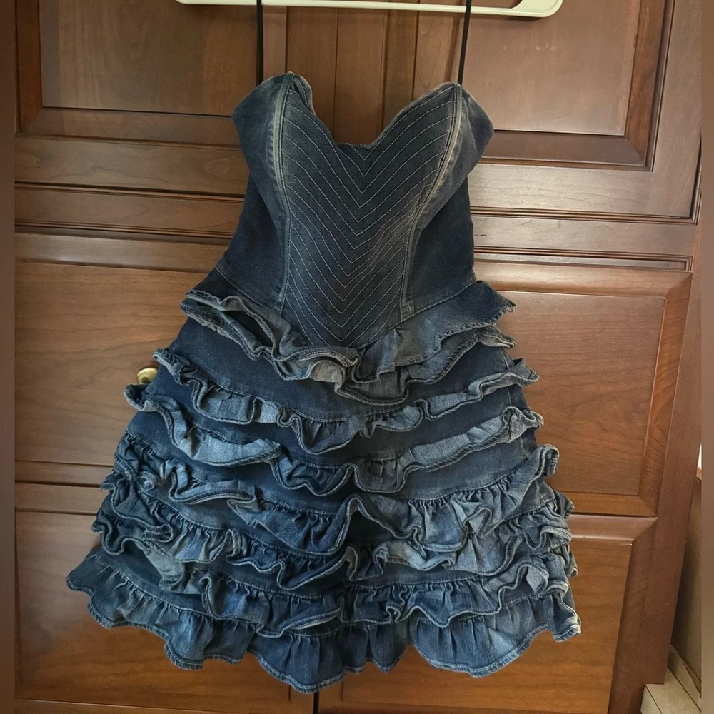 Denim Ruffled Strapless Mini Dress - Picture 1 of 1